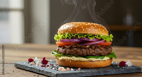 A high-end gourmet plant-based burger served on a rustic wooden table, featuring a thick mushroom and lentil patty, caramelized onions, vibrant fresh lettuce, heirloom tomatoes, and a dollop of truffl