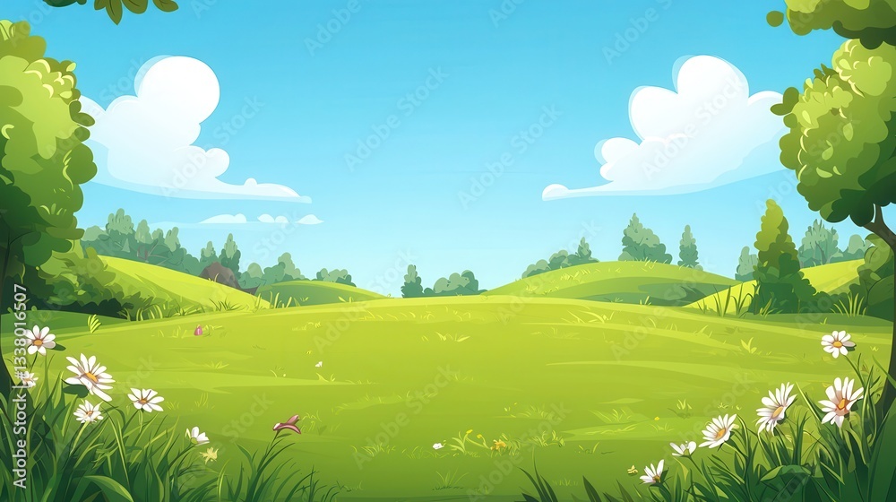Obraz premium Sunny Meadow Landscape Rolling Green Hills Blue Sky and Daisies
