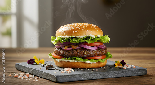 A high-end gourmet plant-based burger served on a rustic wooden table, featuring a thick mushroom and lentil patty, caramelized onions, vibrant fresh lettuce, heirloom tomatoes, and a dollop of truffl