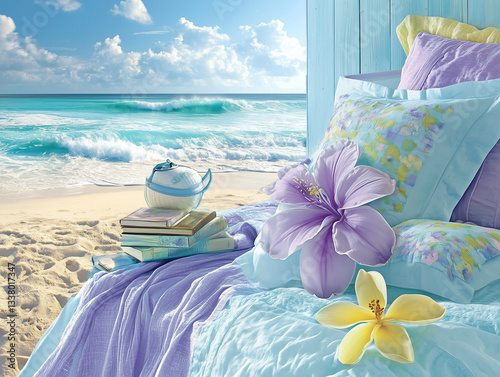 Serene beachside setting with cozy bedding, books, and tropical flowers.