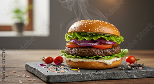 A high-end gourmet plant-based burger served on a rustic wooden table, featuring a thick mushroom and lentil patty, caramelized onions, vibrant fresh lettuce, heirloom tomatoes, and a dollop of truffl