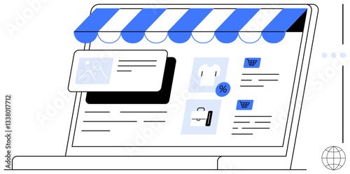 Digital storefront with striped awning, product cards, discount tag, and shopping cart on laptop. Ideal for e-commerce, online shopping, retail sales, digital stores, consumer behavior small