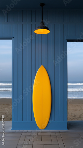 Yellow surfboard leaning against a blue wooden wall with ocean view.