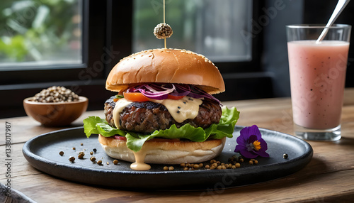 A high-end gourmet plant-based burger served on a rustic wooden table, featuring a thick mushroom and lentil patty, caramelized onions, vibrant fresh lettuce, heirloom tomatoes, and a dollop of truffl