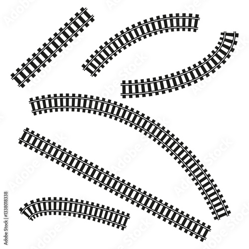 Rail track icons. Black vector symbols. Curved line shapes. White background design.