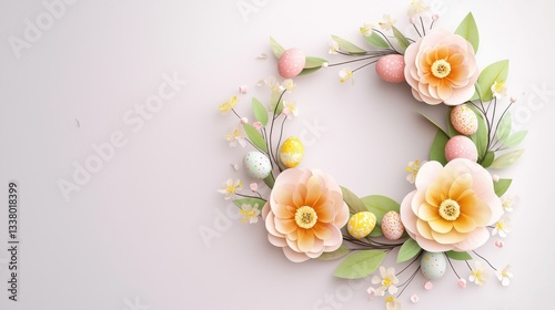 A beautifully crafted Easter wreath with soft pink and yellow flowers, delicate green leaves, and small decorative Easter eggs.