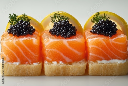 Canapes with smoked salmon and caviar. Closeup of delicious canapes with salmon and caviar 