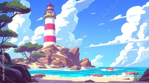 Coastal Lighthouse Scene Summer Seascape Illustration