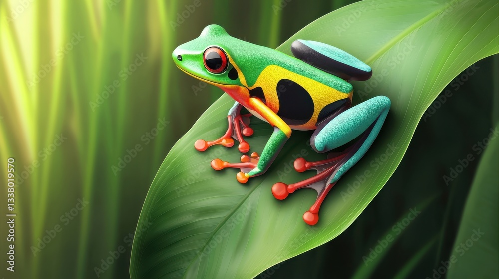 Fototapeta premium A colorful poison dart frog perched on a rainforest leaf, with bright, bold colors, ideal for jungle, exotic, or wildlife-themed designs.