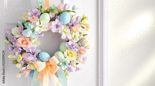 A colorful Easter wreath made of pastel-colored flowers, ribbons, and Easter eggs, hanging on a front door to celebrate the holiday season.