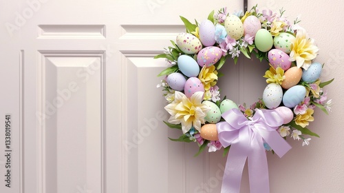 A colorful Easter wreath made of pastel-colored flowers, ribbons, and Easter eggs, hanging on a front door to celebrate the holiday season.
