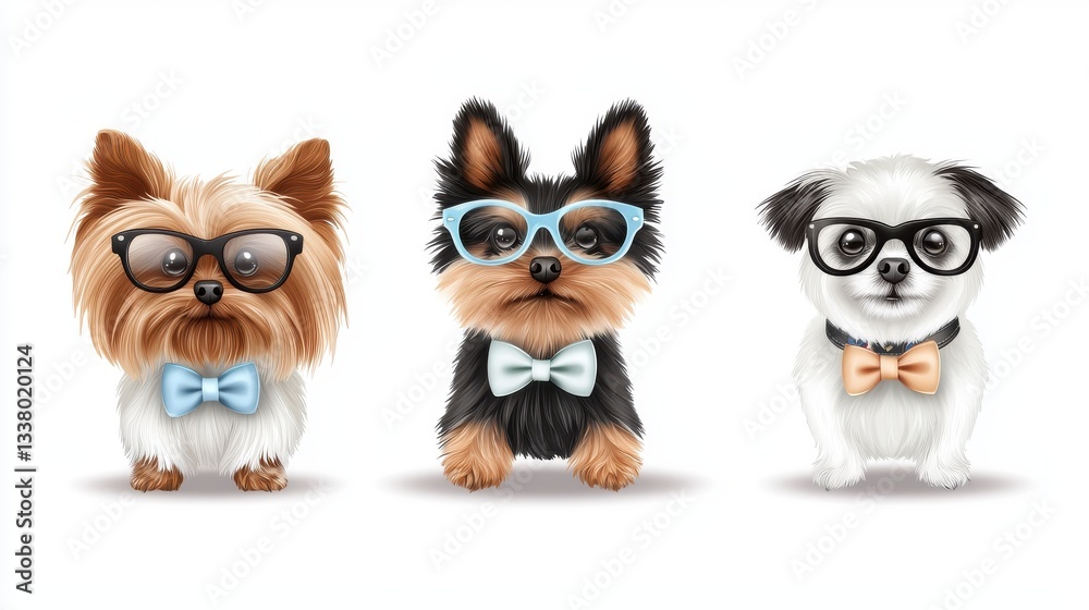 Fototapeta premium A cute dog clipart set with a Yorkshire terrier, Shih Tzu, and pomeranian, each with fun accessories like glasses, bowties, and collars, perfect for dog boutique branding, with copy space.