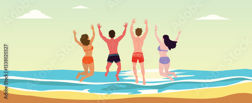 summer beach concept, diversity friends jumping in the air with happy, travel holiday vacation , wide banner, cartoon vector