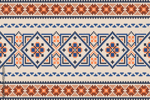 Cross Stitch. Geometric ethnic patterns. Design for Saree, Patola, Sari,dupatta, Clothing, fabric, batik, Knitwear, Embroidery, Ikkat, Pixel pattern. Traditional Design.