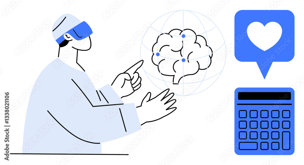 Person using VR headset interacting with digital brain interface, calculator, and heart icon. Ideal for AI, innovation, creativity, technology, virtual reality neuroscience healthcare. Flat simple Person using VR headset interacting with digital brain interface, calculator, and heart icon. Ideal for AI, innovation, creativity, technology, virtual reality neuroscience healthcare. Flat simple