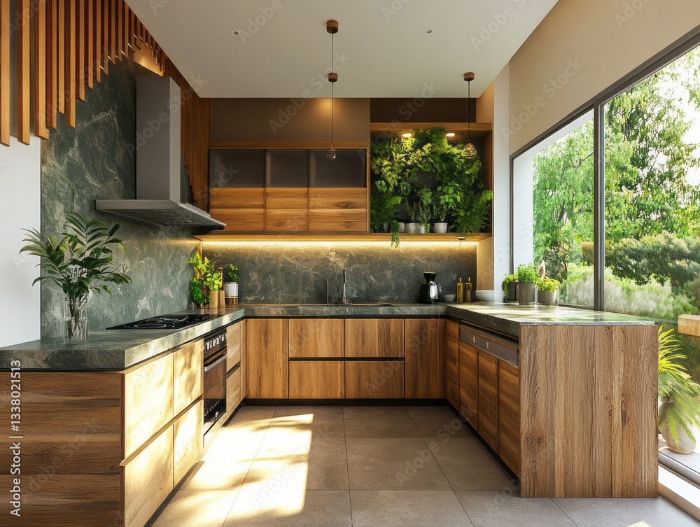 A modern kitchen with natural light and wooden cabinetry