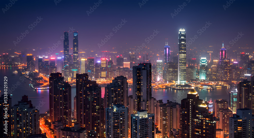 Night View of Hong Kong Skyline with Illuminated Skyscrapers and Water Night View of Hong Kong Skyline with Illuminated Skyscrapers and Water