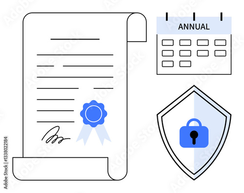 Contract with signature and blue ribbon, annual calendar, security shield with padlock. Ideal for business agreements, yearly commitments, legal safety, secure deals, official documentation, terms of