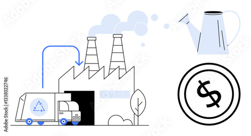 Recycling truck unloading at a factory with eco-conscious symbols thumbs up a watering can and dollar sign. Ideal for sustainability, recycling, green energy, economy, waste management, investment