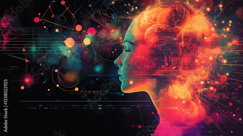 Surreal Digital Artwork of a Woman's Profile with Glowing Brain, Cosmic Lights, and Abstract Technology Elements, Representing Creativity, Consciousness, and Neural Networks