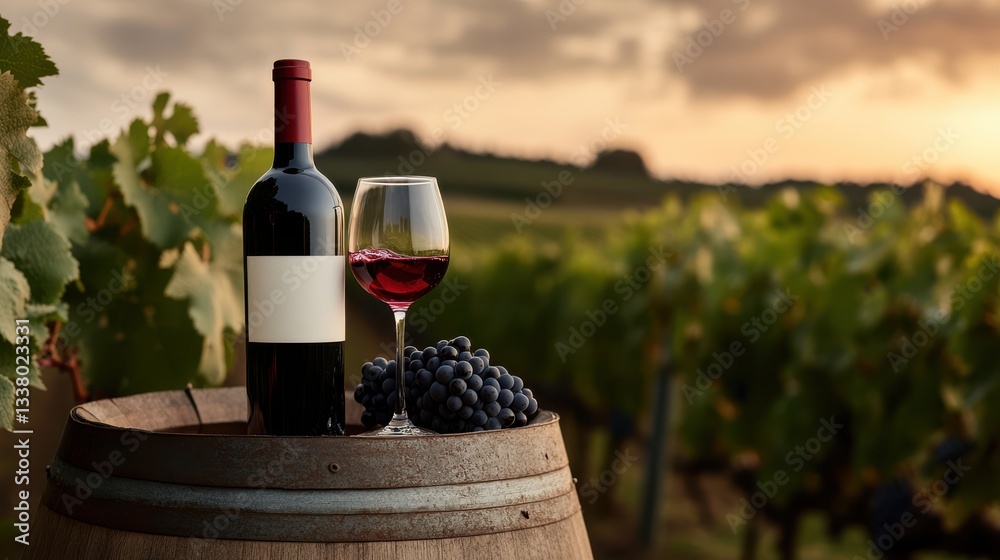 Fototapeta premium Elegant Wine Bottle and Glass Resting on Rustic Barrel in Warm Light