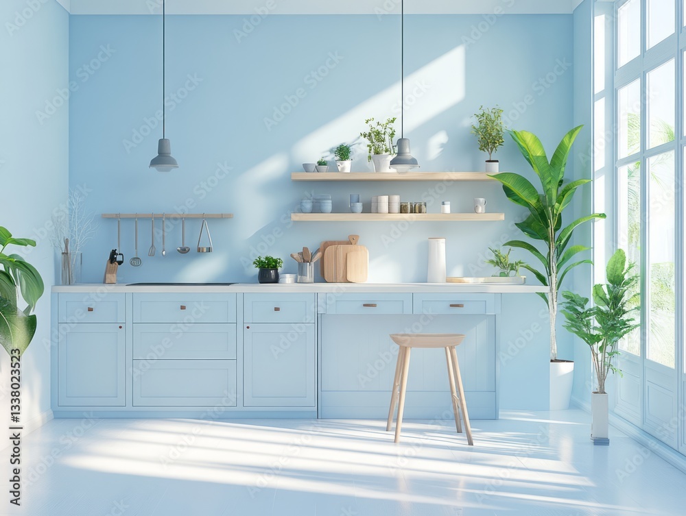 Fototapeta premium A bright modern kitchen interior featuring plants and light fixtures