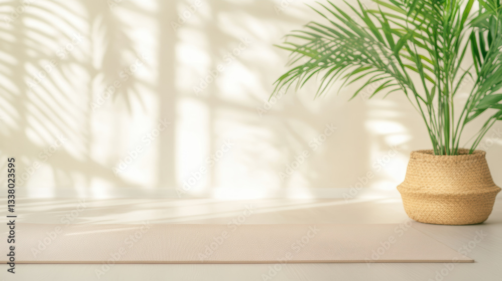 Fototapeta premium Sunlit minimalist interior with potted palm creating serene and natural ambiance