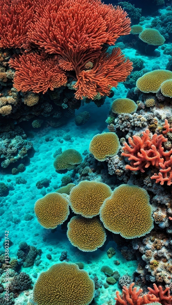Fototapeta premium Underwater coral reef ecosystem with vibrant red and yellow corals in clear blue ocean. Marine biodiversity and aquatic wildlife scenery