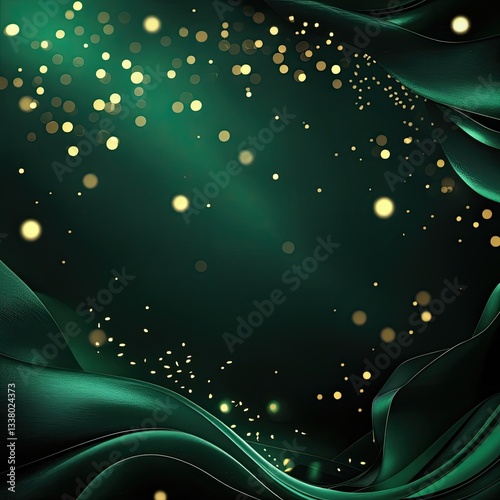 A deep, dark green background with a rich gradient effect, smoothly blending from near-black green to intense emerald green. Elegant, soft glowing bokeh lights subtly scattered throughout for a dreamy
