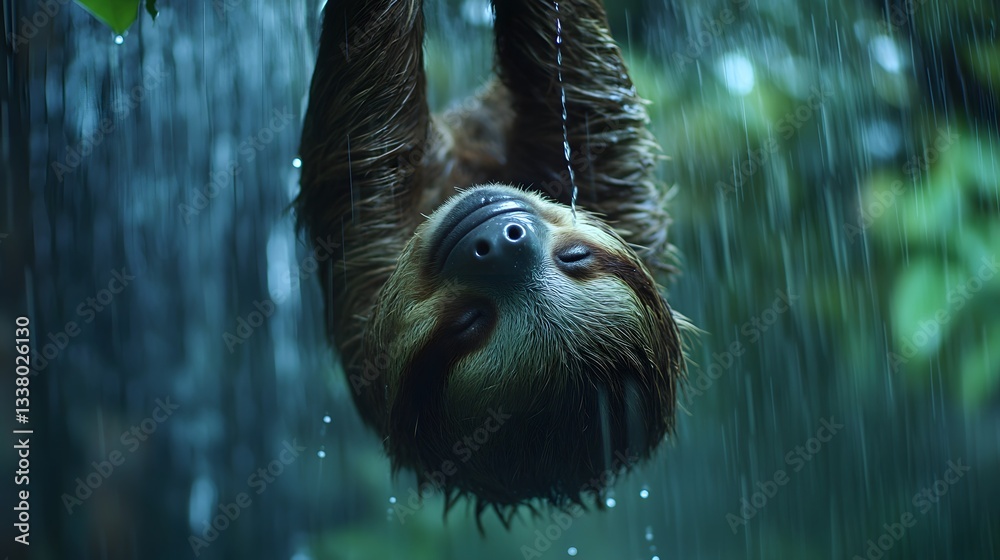 Fototapeta premium 8. A sloth hanging upside down while cleaning its fur under a gentle rain