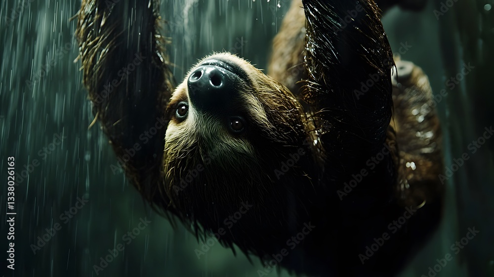 Fototapeta premium 8. A sloth hanging upside down while cleaning its fur under a gentle rain