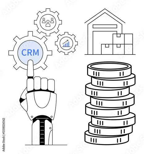 Robotic hand selects CRM option in gear mechanism with warehouse and stacked coins. Ideal for business automation, tech innovation, efficiency, finance, logistics, data strategy, flat simple metaphor