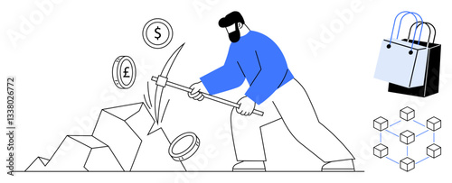 Man mining cryptocurrencies with pickaxe, extracting coins thumbs up Bitcoin, Dollar, and Pound. Blockchain structure and shopping bags. Ideal for cryptocurrency, blockchain, fintech, e-commerce