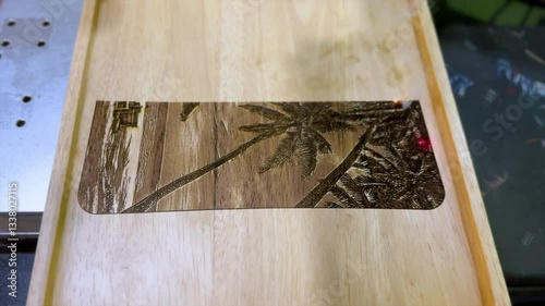Laser engraving palm tree design on a wooden surface