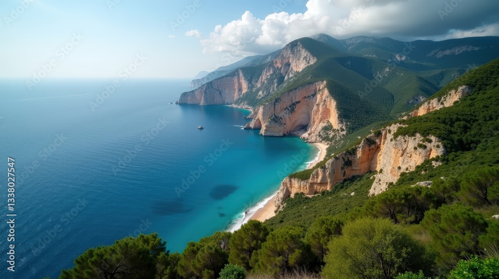 Obraz premium A detailed photo of Gargano National Park, Italy, on a humid mid-day, captured from above, highlighting the green forests and hilly terrain of this natural park.