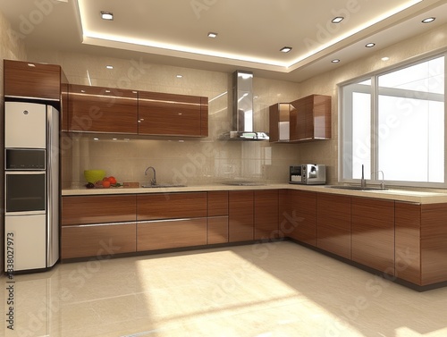 A modern kitchen design featuring wood cabinetry and appliances