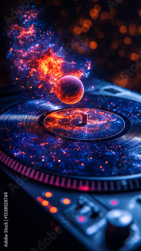 A surreal image of an old record player with cosmic elements like planets and galaxies emerging from a spinning vinyl, blending retro charm with a futuristic universe aesthetic.
