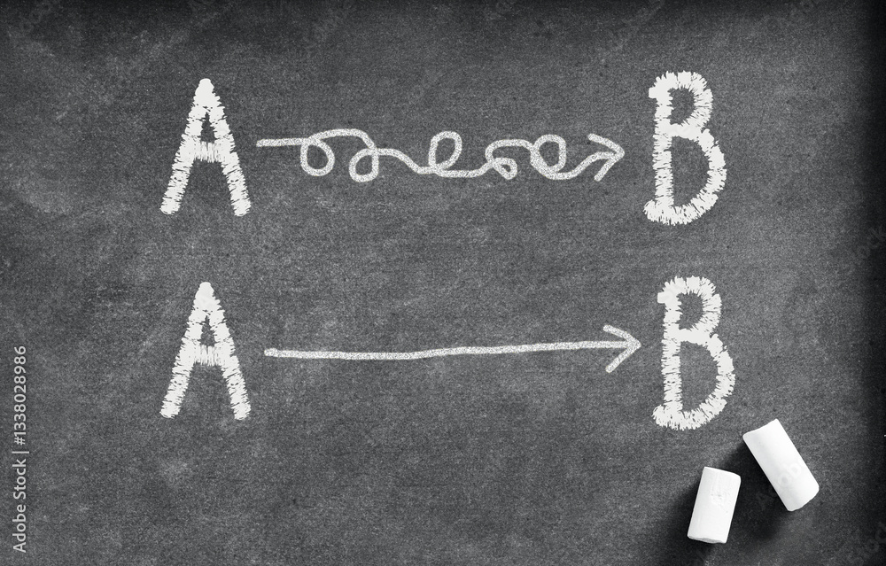 Fototapeta premium Easy and difficult way from point a to point b drawn on blackboard
