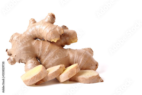 Fresh Ginger Slices and Fresh Ginger. isolated on a white background.