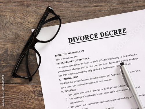 Foto Divorce decree document, glasses and pen on wooden desk
