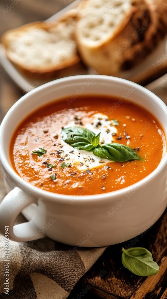 Aromatic Creamy Tomato Soup with Basil and Crusty Bread Aromatic Creamy Tomato Soup with Basil and Crusty Bread
