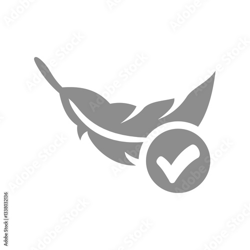 Feather and checkmark, soft and softness vector. Lightweight or light, hypoallergenic material or fabric.