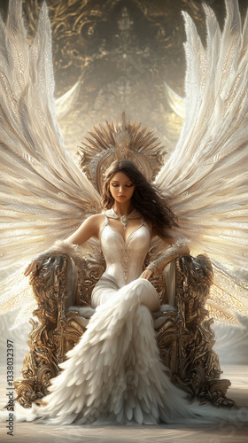 A divine goddess with intricate wings sits serenely on a majestic throne, the scene captured in stunning ultra-realistic detail