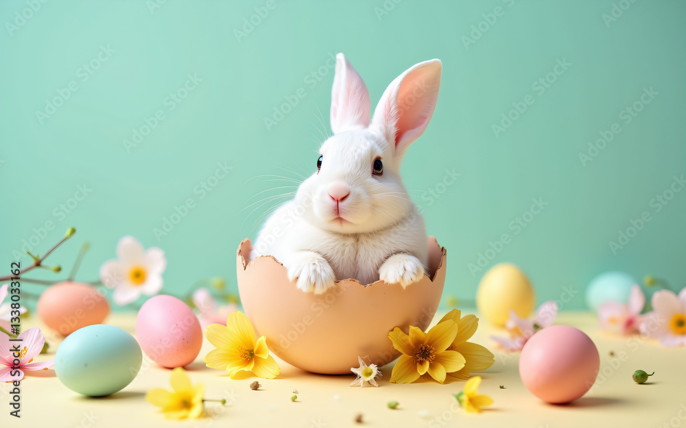 Fototapeta premium A fluffy white rabbit sits in a cracked eggshell amidst pastel Easter eggs and delicate flowers. A spring festive decoration.