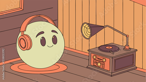 A vintage cozy studio from the 1970s. In the center of the composition is a glowing ethereal ball with a friendly expression, wearing large old-fashioned headphones.