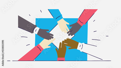 Diverse hands come together on a blue table, symbolizing unity and teamwork. Each participant contributes to the common cause.