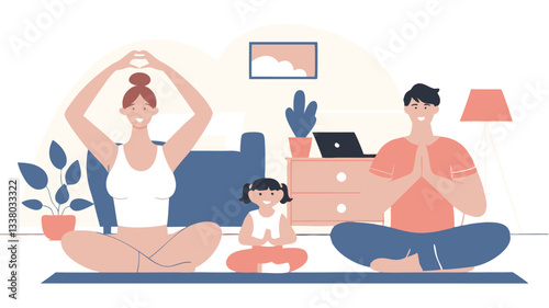 A young family practices yoga at home, following an online workout on a laptop. A parent and a child do the exercises with smiles, enjoying the moment