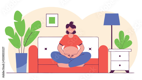 A pregnant woman sits on a sofa in a cozy room, doing breathing exercises to relax. She meditates, enjoying the moment of silence and harmony.