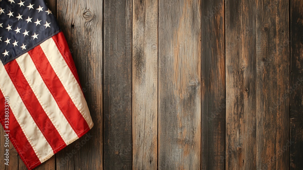 Obraz premium Vintage American flag hanging on a rustic wooden barn