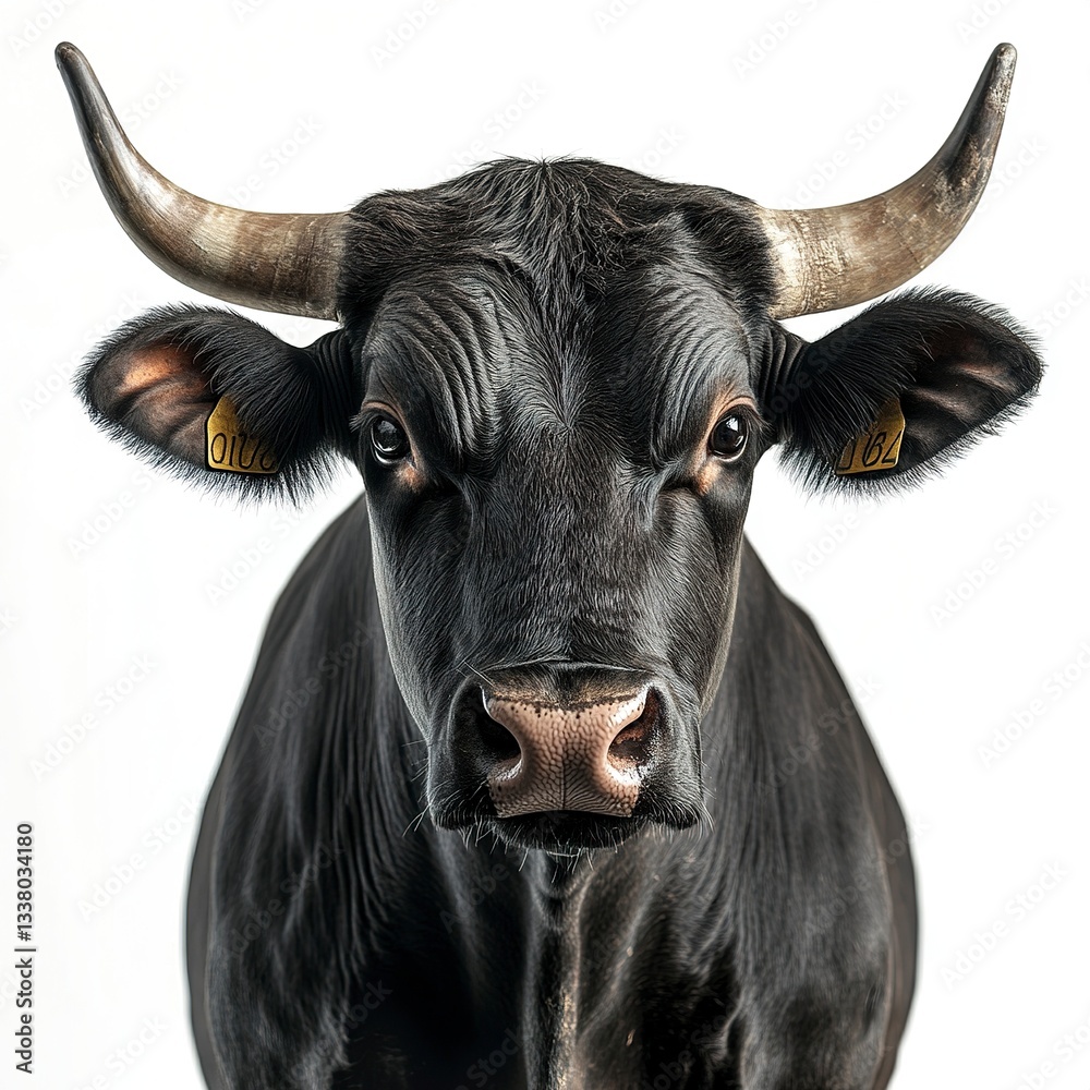Naklejka premium A muscular bull in high-contrast studio lighting, isolated on white, close-up portrait